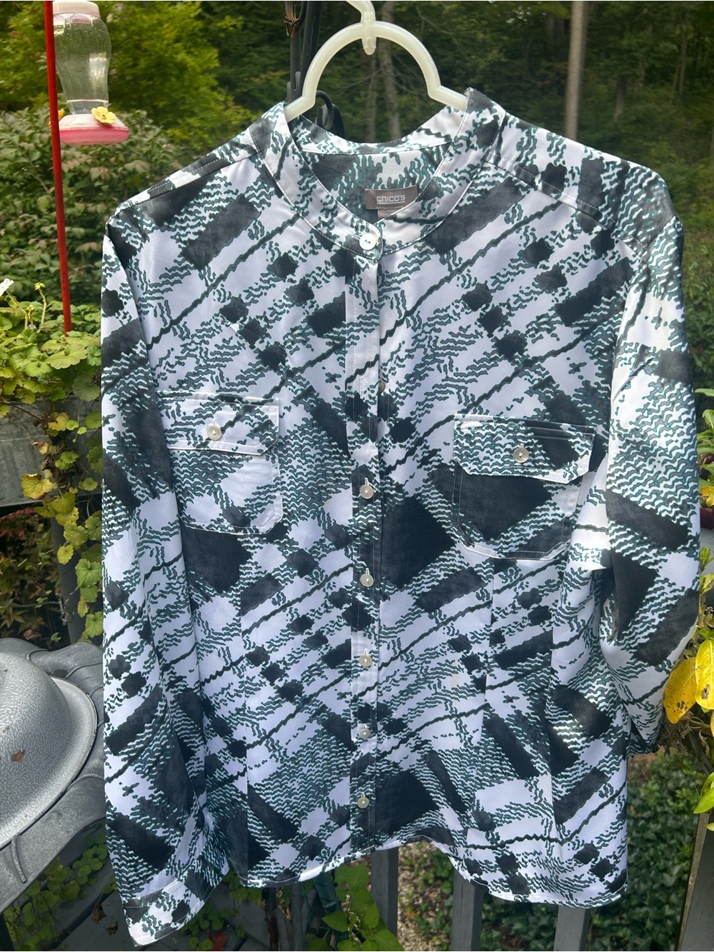 Chico's Black and White Geometric Button-Down Blouse